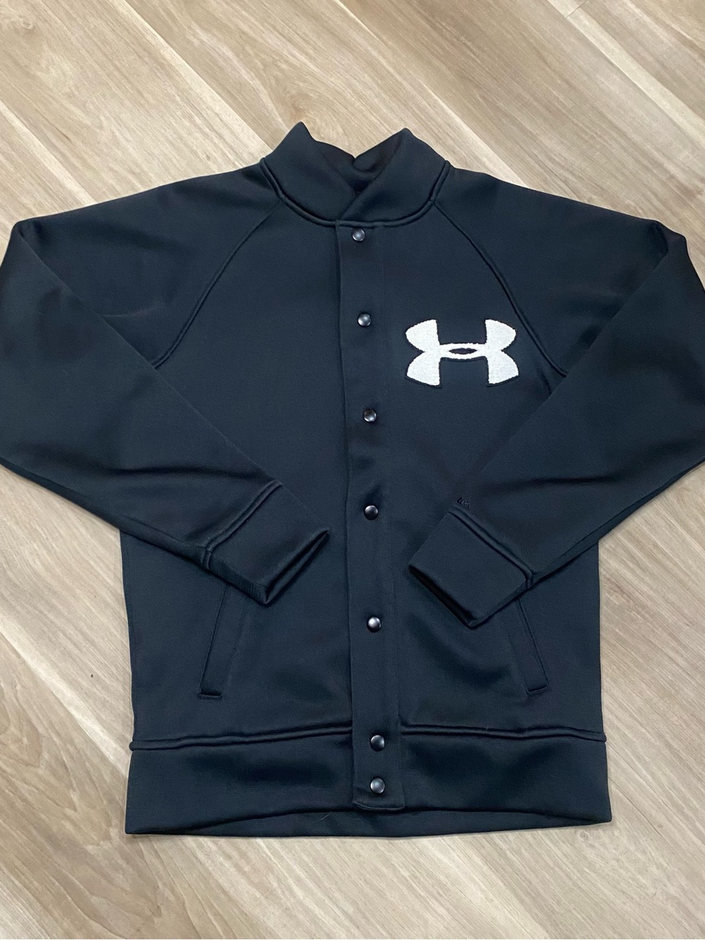 Under Armour Storm Varsity Jacket Unisex Size Small Black Bomber Snap Front